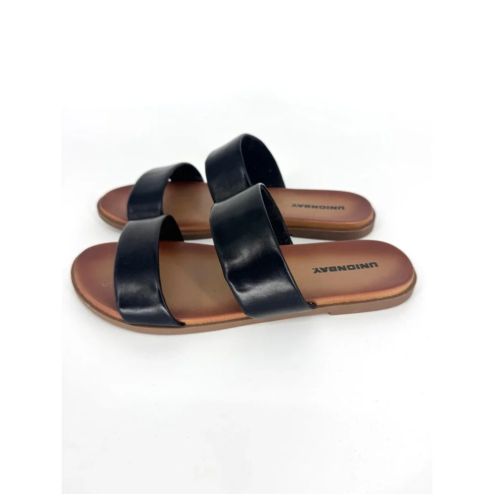 Unionbay Refresh Black Two Strap Slide Sandals Womens 9 Flat Brown Sole